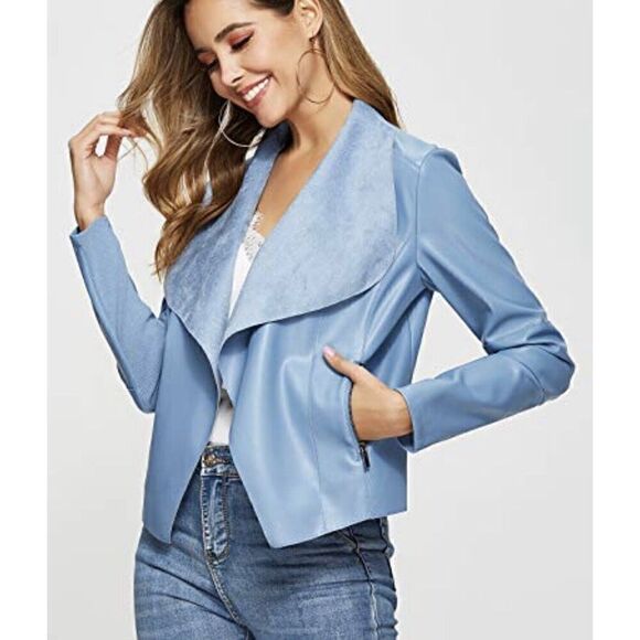 With the Girls Aves Les Filles Women Medium Blue Faux Leather Jacket Open Front - Picture 1 of 9